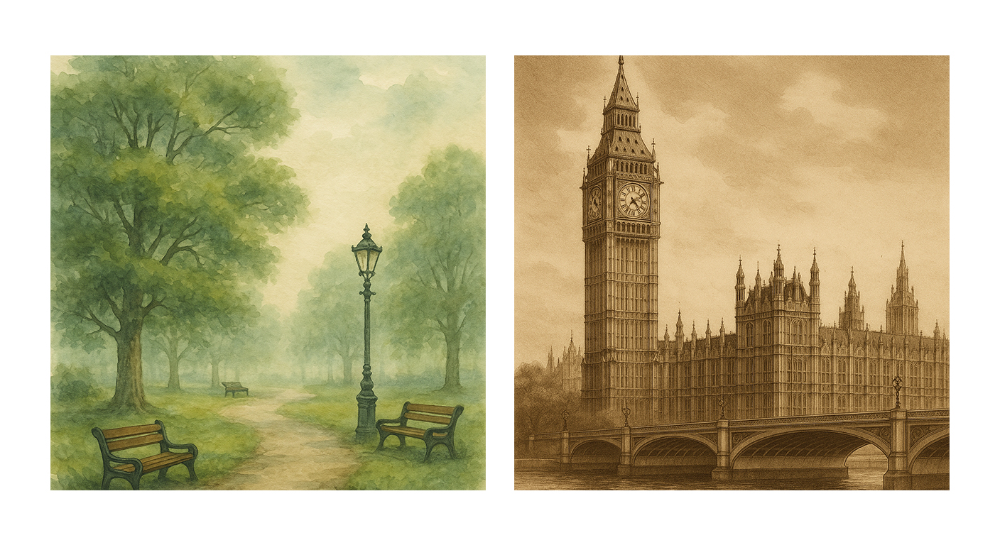 Two Faces of London: Where Park Serenity Meets Architectural Grandeur in Art
