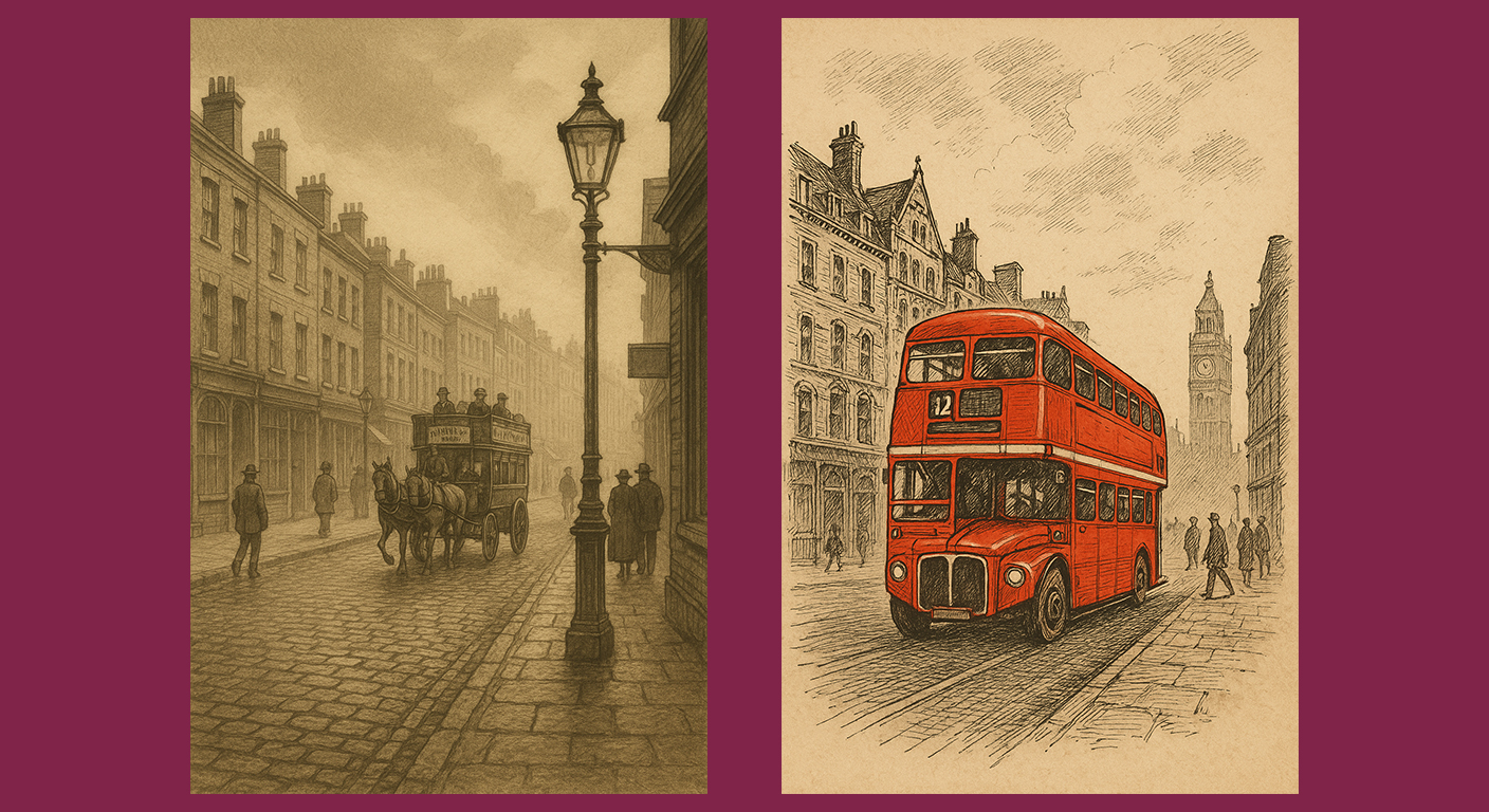 London's Journey Through Time: An Artistic Glimpse of Cobblestones and Crimson Coaches